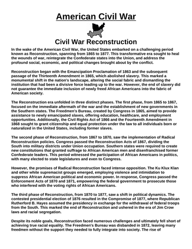 American Civil War Reconstruction “Article & Questions” Assignment