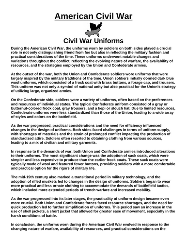 American Civil War Uniforms “Article & Questions” Assignment