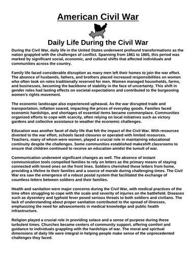 Daily Life During the American Civil War “Article & Questions” Assignment