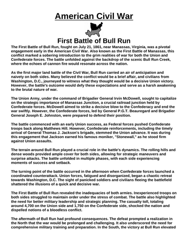 First Battle of Bull Run “Article & Questions” Assignment