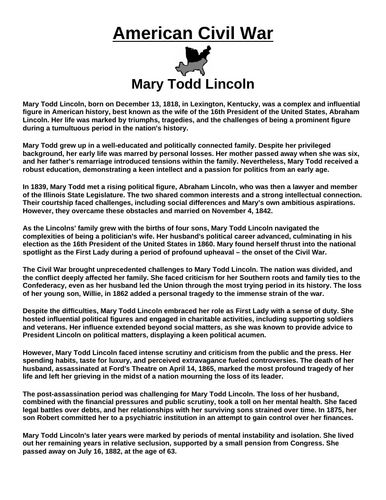 Mary Todd Lincoln “Article & Questions” Assignment