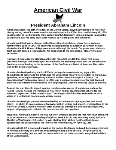 President Abraham Lincoln “Article & Questions” Assignment