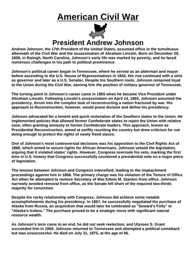 President Andrew Johnson “Article & Questions” Assignment