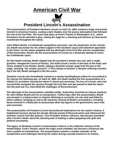 President Lincoln's Assassination “Article & Questions” Assignment