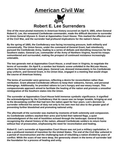 Robert E. Lee Surrenders “Article & Questions” Assignment