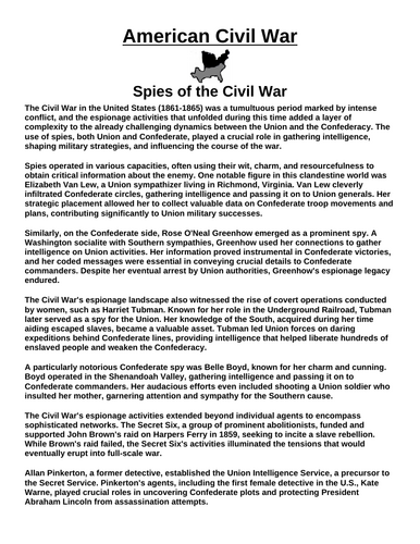 Spies of the Civil War “Article & Questions” Assignment