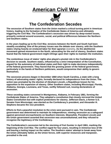 The Confederation Secedes “Article & Questions” Assignment