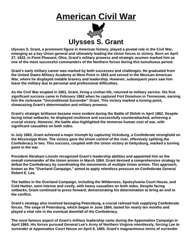 Ulysses S. Grant “Article & Questions” Assignment