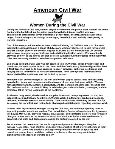 Women During the American Civil War “Article & Questions” Assignment