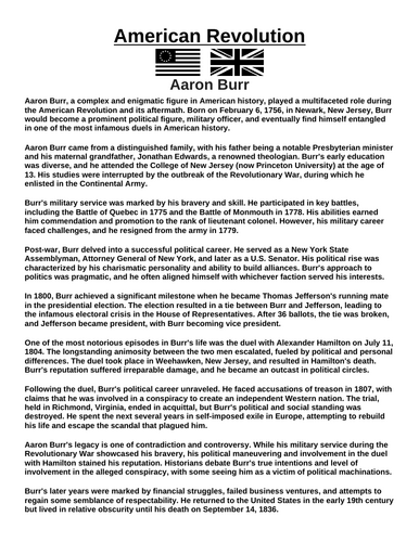 American Revolution: Aaron Burr “Article & Questions” Assignment