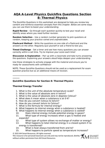 AQA A-Level Physics Quickfire Questions Section 8: Thermal Physics