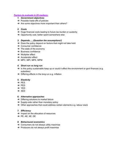 A-Level Economics - Evaluation to use in 25 markers