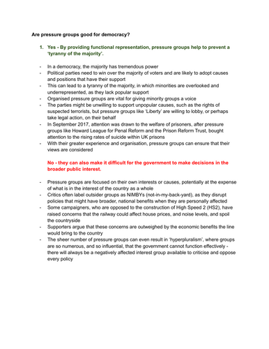 A-Level Politics Paper 1 - Democracy and Participation Essay plans