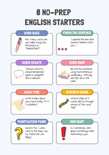FREE: 8 No-Prep English Starters Ideas| KS2, KS3 & KS4 Printable PDF | Creative & Quick Tasks