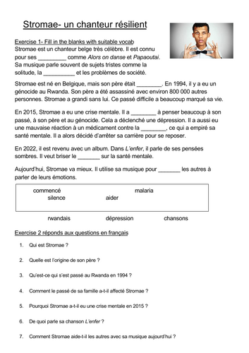 La santé mentale worksheet- Stromae (GCSE French en pleine forme)