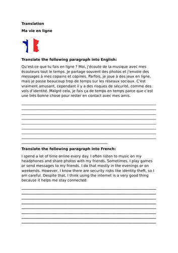 GCSE French (Higher) - Module 1 - Page 9 - Ma vie en ligne - Translation