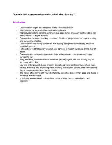 A-Level Politics Paper 1 - Conservatism Essay Plans