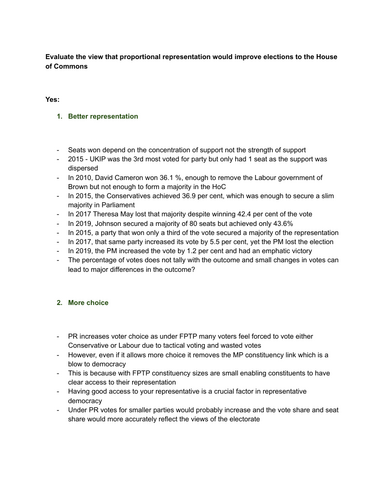 A-Level Politics Paper 1 - Essay plans (Political Parties, Electoral Systems, Voting beh)