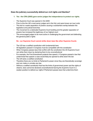 A-Level Politics Paper 2 - Relations Between Branches Essay Plans