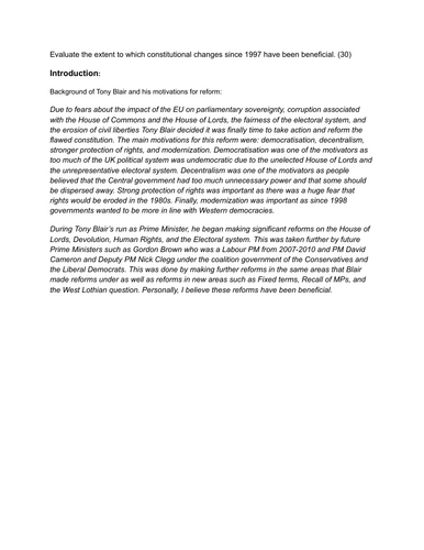 A-Level Politics Paper 2 - Essay plans (Constitution, Parliament, PM and executive)