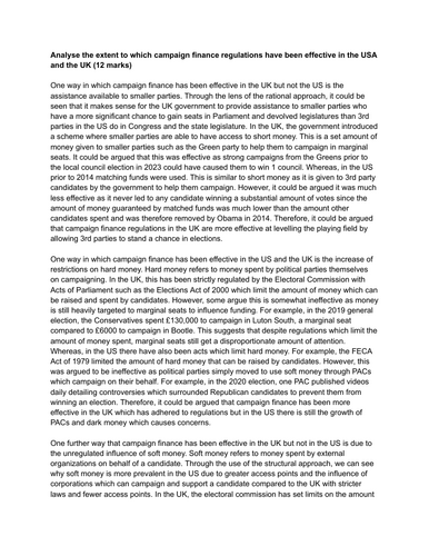 A-Level Politics Paper 3 - Fully written-out Comparative 12 markers (US Politics)