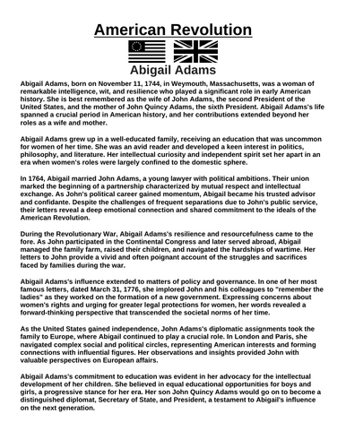 American Revolution: Abigail Adams “Article & Questions” Assignment