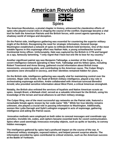 American Revolution: Spies “Article & Questions” Assignment