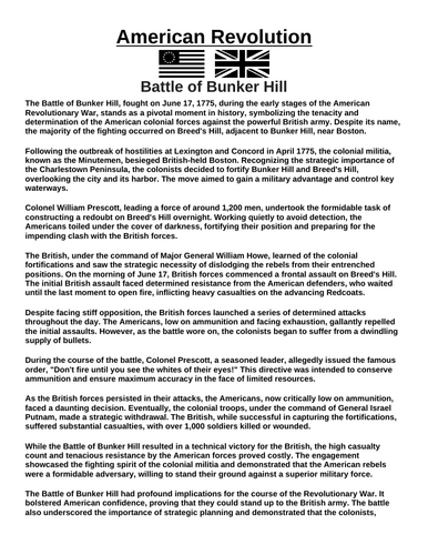 American Revolution: Battle of Bunker Hill “Article & Questions” Assignment