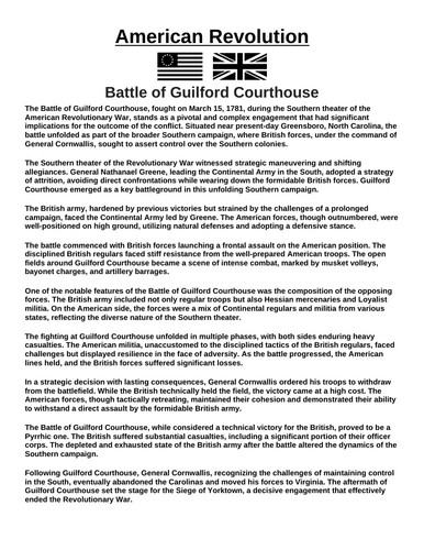 American Revolution: Battle of Guilford Courthouse “Article & Questions” Assignment