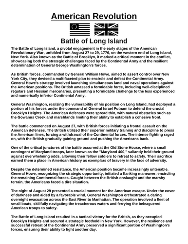 American Revolution: Battle of Long Island “Article & Questions” Assignment