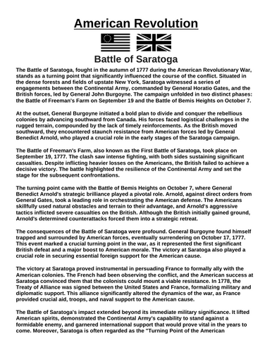 American Revolution: Battle of Saratoga “Article & Questions” Assignment