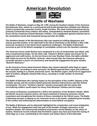 American Revolution: Battle of Waxhaws “Article & Questions” Assignment