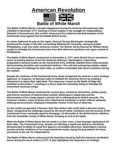 American Revolution: Battle of White Marsh “Article & Questions” Assignment