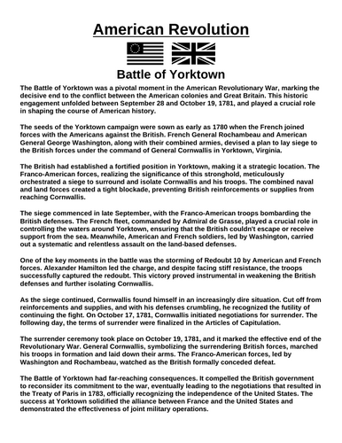 American Revolution: Battle of Yorktown “Article & Questions” Assignment