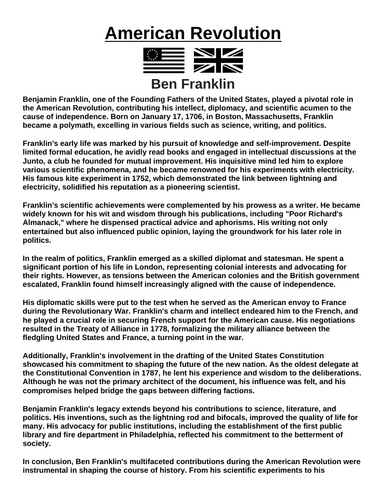 American Revolution: Benjamin Franklin “Article & Questions” Assignment