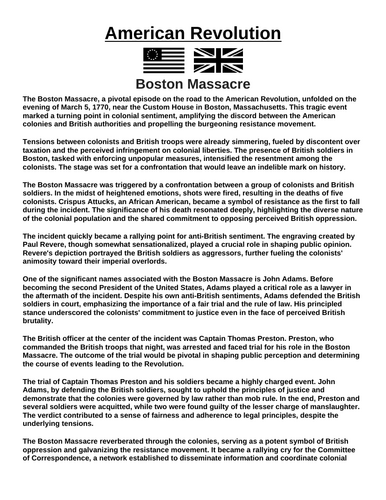 American Revolution: Boston Massacre “Article & Questions” Assignment