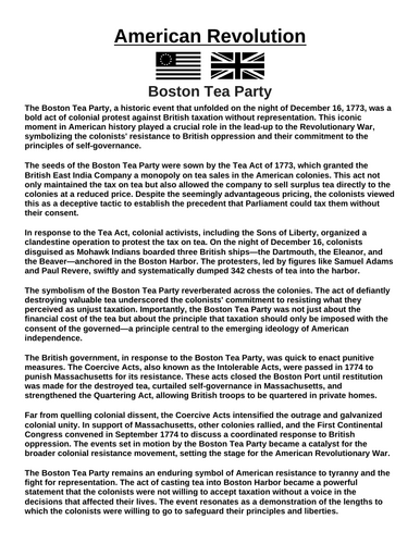 American Revolution: Boston Tea Party “Article & Questions” Assignment