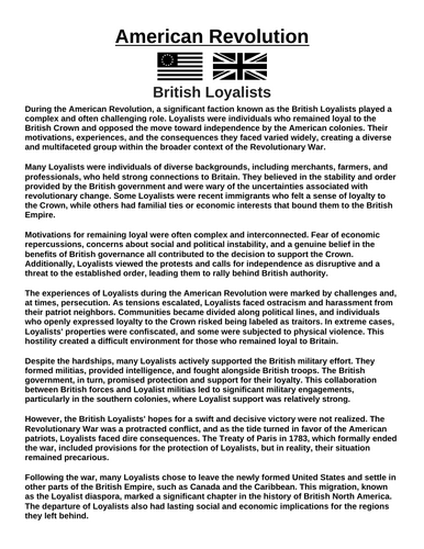American Revolution: British Loyalists “Article & Questions” Assignment