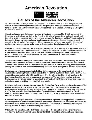 American Revolution: Causes of the American Revolution “Article & Questions” Assignment