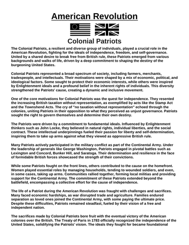 American Revolution: Colonial Patriots “Article & Questions” Assignment