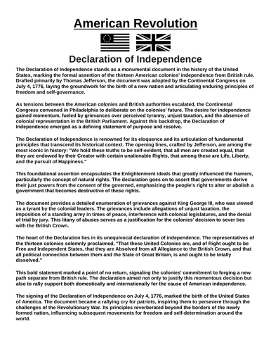 American Revolution: Declaration of Independence “Article & Questions” Assignment