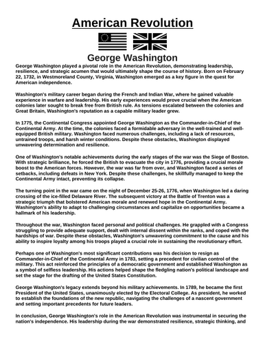 American Revolution: George Washington “Article & Questions” Assignment