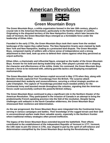 American Revolution: Green Mountain Boys “Article & Questions” Assignment