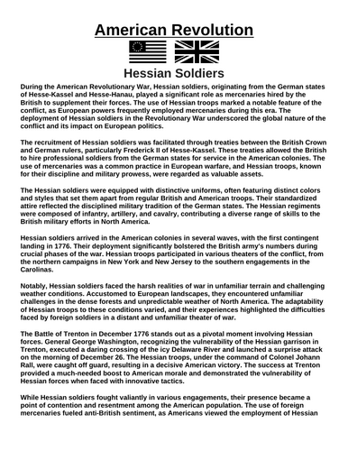 American Revolution: Hessian Soldiers “Article & Questions” Assignment
