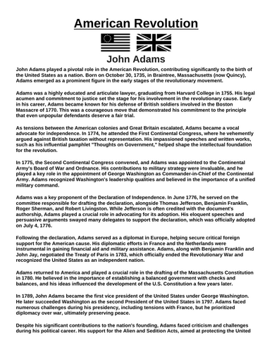 American Revolution: John Adams “Article & Questions” Assignment