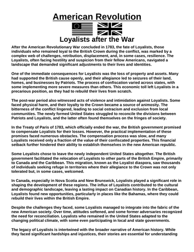 American Revolution: Loyalists after the War “Article & Questions” Assignment