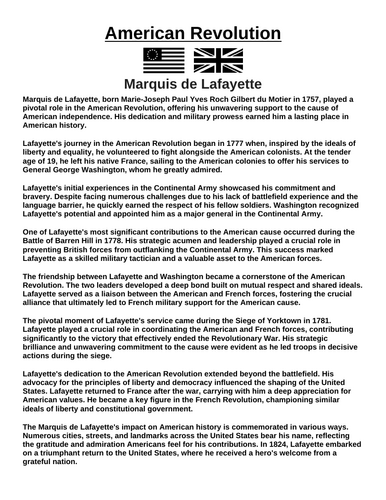 American Revolution: Marquis de Lafayette “Article & Questions” Assignment