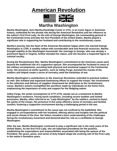 American Revolution: Martha Washington “Article & Questions” Assignment