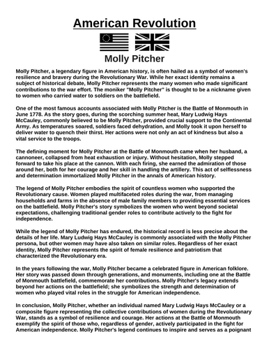 American Revolution: Molly Pitcher “Article & Questions” Assignment