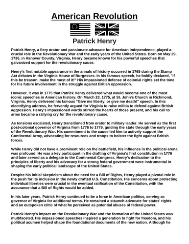 American Revolution: Patrick Henry “Article & Questions” Assignment
